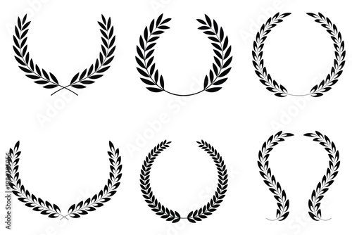 Circular laurel foliate vector icon set. Set of wreaths and branches with leaves. Circular foliate laurels branches icons set. Silhouette vintage collection. 