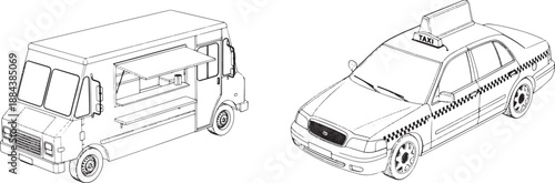 A detailed illustration featuring a food truck and taxi side by side. showing food truck and taxi in black and white.