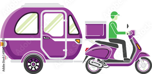 Scooter, delivery, trailer, vector, illustration, purple, motor, bike, courier, service, transport, isolated, white, background, logistics, urban, shipping, cargo, modern, express, package, vehicle