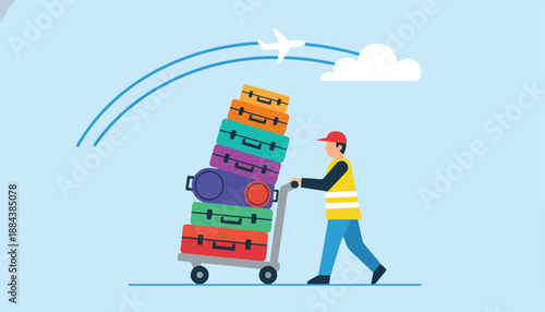 Man pushing trolley full of luggage for travel.