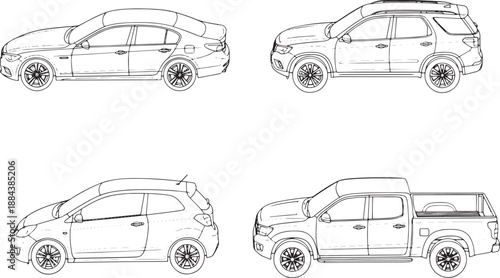 Four meticulously rendered illustrations of modern vehicles, showcasing a diverse range of car styles. Featuring a sedan, SUV, hatchback, and pickup truck, this set embodies automotive versatility.