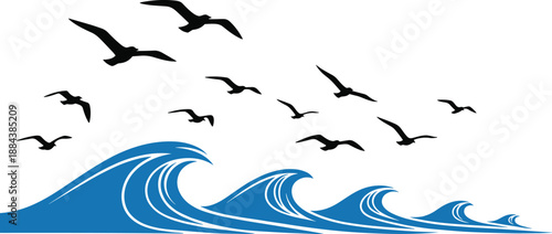 Seagulls flying over blue ocean waves vector illustration, marine bird silhouette landscape, nautical sea theme graphic, coastal nature aquatic wildlife beach scene.