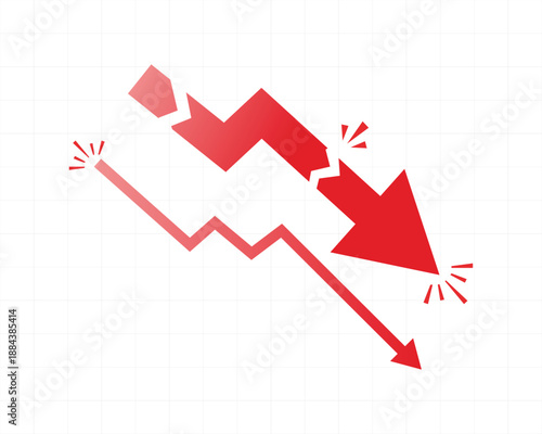 Market crash visual, sharp red downward arrow with jagged turns, flat infographic style, white grid background, dramatic decline concept.