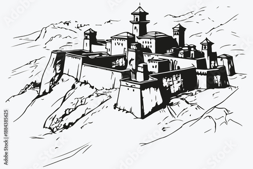 Fortress in mountains sketch illustration vector