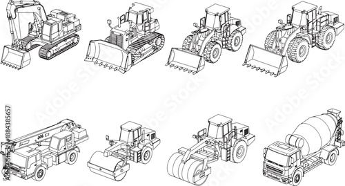 A comprehensive illustration showcases various construction vehicles meticulously drawn with detailed line art.