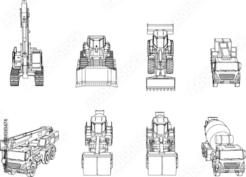 A top-down architectural line drawing showcases a variety of construction machinery, revealing their intricate designs and powerful forms.