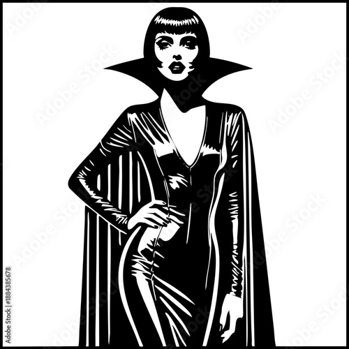 Powerful portrait of a woman in a high-collared black gown and cape. Sharp geometric lines, gothic fashion, and a dark, commanding presence.