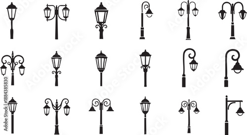 Streetlamp Design Grid Silhouette – Bold Vector of 18 Urban Lighting Styles for Editorial & Infrastructure Design
