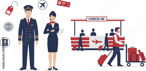 Pilot and Flight Attendant with Airport Checkin Scene.