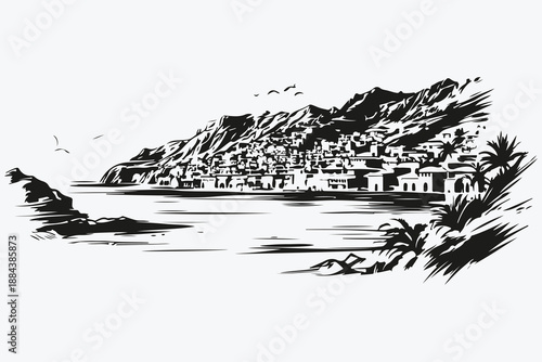 Kotor bay and old town sketch illustration vector
