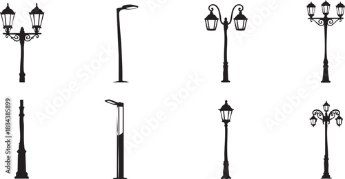 Streetlamp Style Grid Silhouette – Bold Vector of Six Urban Lighting Designs for Editorial & Infrastructure Design