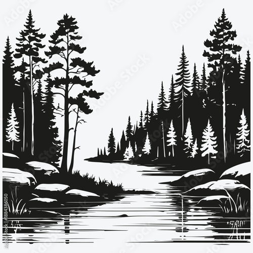 Pine forest and river sketch illustration vector