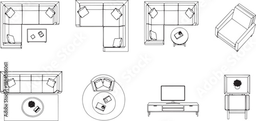 Diverse perspective of a sleek, minimalist living space, showcasing modern interior design elements and arrangements with detailed floor plans. 