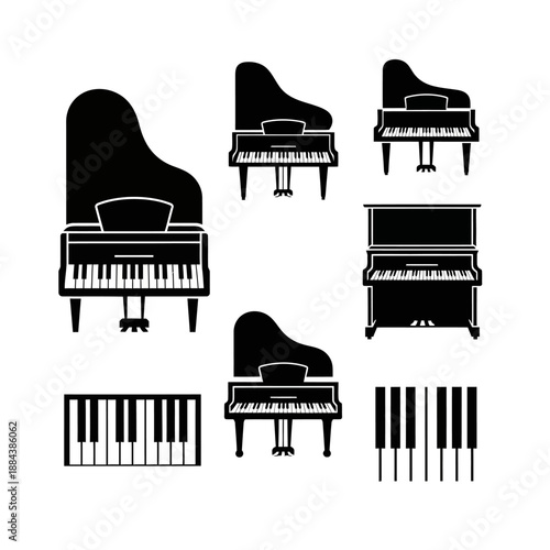 Piano keyboard musical instrument silhouette graphics.