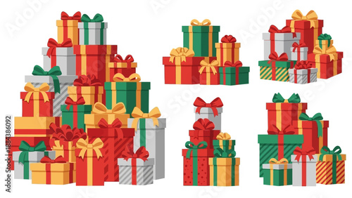 Wrapped presents in various colors stacked.