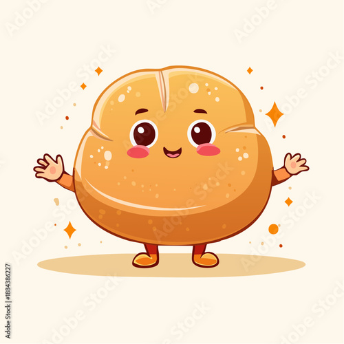A cheerful cartoon croissant character with a smiling face and outstretched arms.