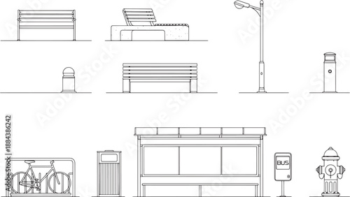 Line art depicting essential urban and outdoor elements, offering a clear and concise presentation. 