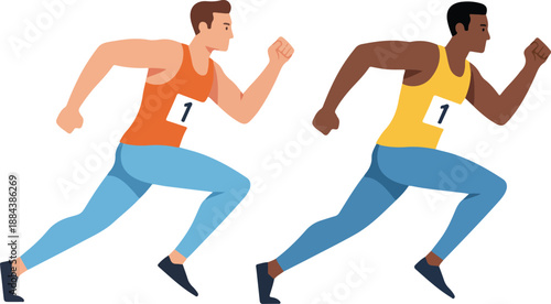 Two diverse athletes running a race side by side.