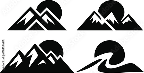 Mountain silhouette icon set with sun and wave