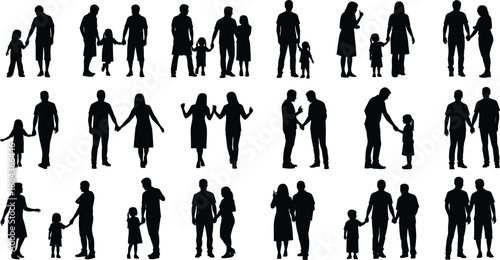 Set of black silhouettes featuring families, couples, and parents with children in various poses, isolated on white background for professional graphic design.