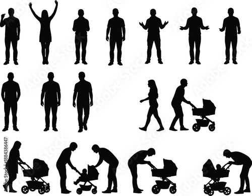 Set of black silhouettes featuring standing men, women, and parents pushing baby strollers in various poses, isolated on white background for graphic design.