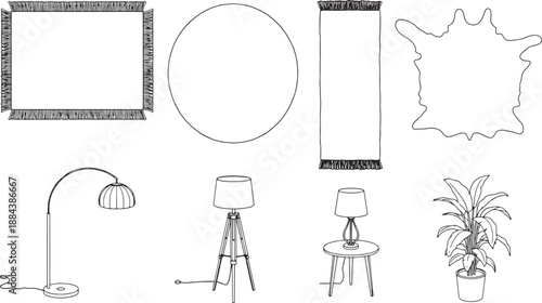 Interior design elements rendered in a crisp, clean outline style, perfect for illustrating design concepts or adding a touch of minimalist elegance to your project. 
