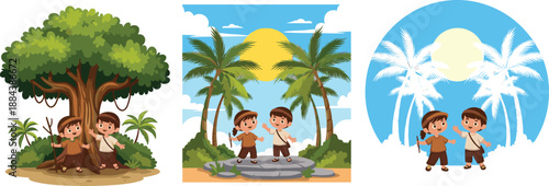 Set of cartoon illustrations featuring young explorers in tropical jungle settings, children hiking under large trees and palm trees during sunny day.