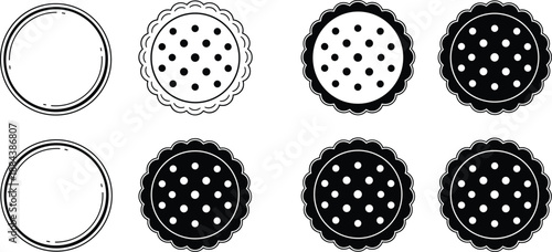 Set of circular biscuit and cookie icons, black and white vector line art, sweet snack symbols for bakery branding, isolated dessert graphics, comma.