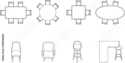 A comprehensive array of furniture designs, featuring diverse table shapes and chair styles, showcased in an elegant monochrome collection for architectural or interior design concepts.