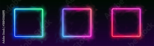Futuristic neon square and circle frames with glowing gradient edges. Transparent background ideal for UI, banners, and digital interface accents. Perfect PNG for modern tech design.