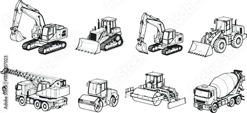 Construction equipment illustrations in monochrome against the blank backdrop. Showcasing a range of vehicles and machines.