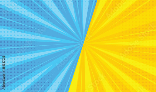 Vibrant Blue Yellow Split Sunburst Radial Burst Background – Bright Saturated Halftone Rays Comic Pop Art Vector.