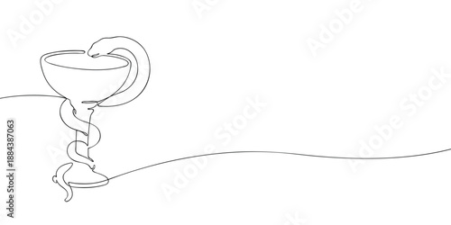 Minimal line illustration of the Bowl of Hygieia with a snake and cup symbolizing pharmacy medicine healthcare and medical tradition