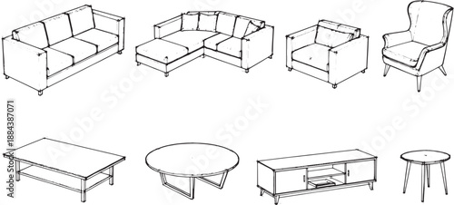 A minimalist, line-art illustration showcasing a curated selection of modern furniture pieces. perfect for design, decor, interior design and architecture.