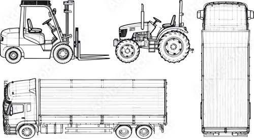 Outlining various forms of transport including the top view of a cargo truck. Capturing the essence of logistics, agricultural vehicles, and industrial machinery.