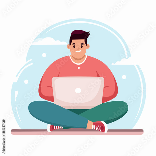 Man sitting cross-legged with laptop on lap relaxed.