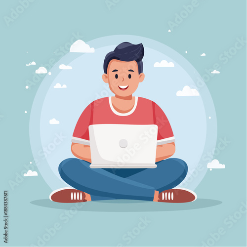 Man Sitting with Laptop Computer Outdoors.