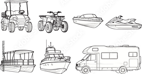 A collection of meticulously rendered line drawings showcases a variety of recreational vehicles, each artfully capturing the essence of adventure and leisure.