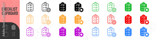 Checklist clipboard icons with settings gear and check mark symbol in outline and solid styles. for task management, to do list and automation, process optimization, and smart workflow symbols