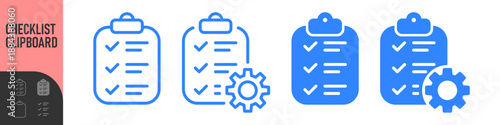 Checklist clipboard icons with settings gear and check mark symbol in outline and solid styles. for task management, to do list and automation, process optimization, and smart workflow symbols