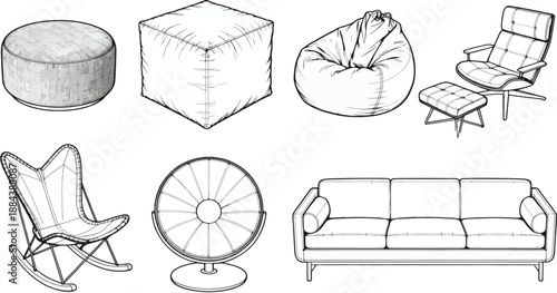 A curated illustration showcases a diverse collection of contemporary seating arrangements, exuding sophistication and a modern aesthetic.