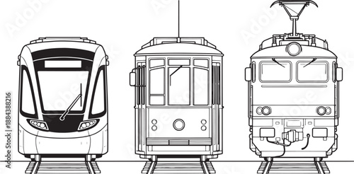 A comprehensive line art illustration of three diverse tram or train showcasing their front facades. This detailed, artistic image captures a variety of the transportation.