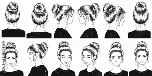 Set of female head portraits with messy bun hairstyle, woman face from different angles, fashion hair sketch, beauty salon vector illustration, isolated.