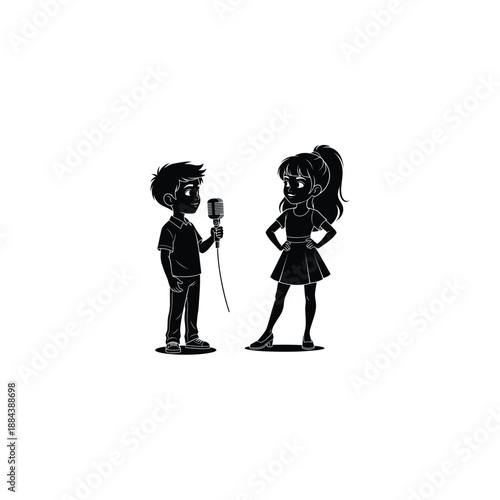 Cartoon boy interviewing confident girl with microphone