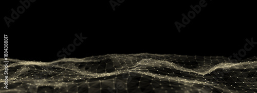 Green wave with motion dots and lines. Abstract digital background. Concept connection big data. Futuristic technology backdrop. 3D rendering.