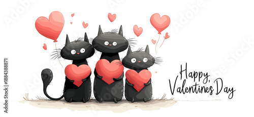 Three cartoon black cats holding red hearts with floating additional hearts against a white background. Three black cats holding hearts celebrating Valentine's Day