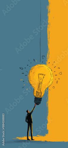 Businessman reaching for a glowing light bulb, symbolizing new ideas and innovation. Businessman holding light bulb representing creative idea