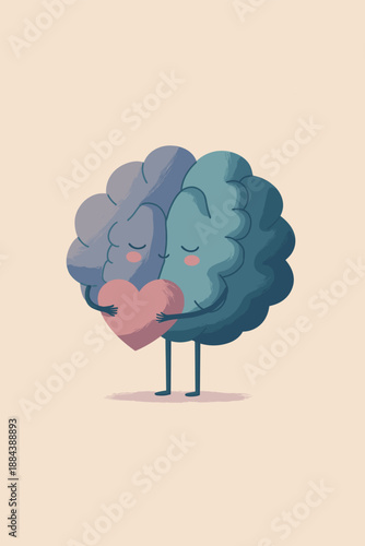 Brain and heart characters are hugging, symbolizing mental and emotional balance with care. Gentle cartoon brain and heart hugging, showing mental health