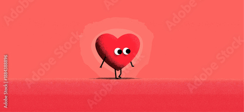 Happy cartoon heart character standing on pink background with small heart above its head. Cute cartoon heart character celebrating Valentine's Day