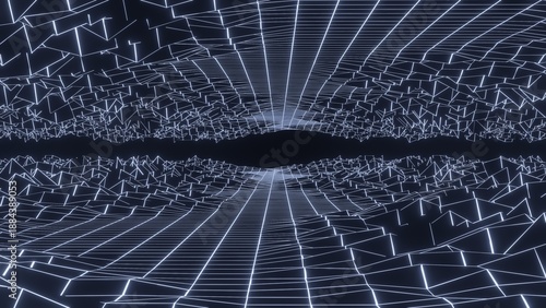 Retro sci-fi landscape of mountains. Futuristic polygonal background in style 80s and 90s. Technology perspective glowing grid with 3d landscape. Abstract wireframe terrain design. 3D rendering.